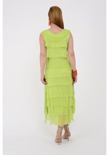 Italyan 2 Beden İnce Gösteren Kat Kat Kolsuz Ipek Elbise Neon Yeşil