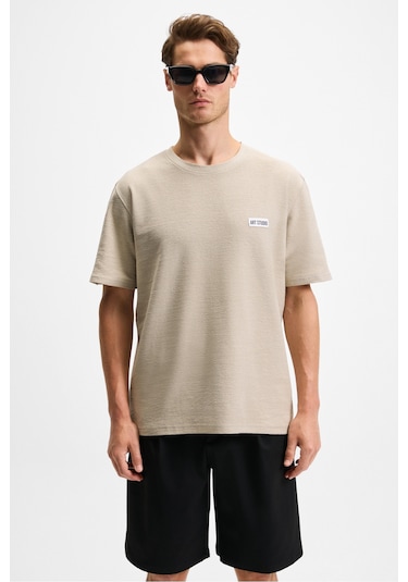 NOIR Erkek%100 Organik Pamuk Bisiklet Yaka Kısa Kol Regular Bej T-Shirt