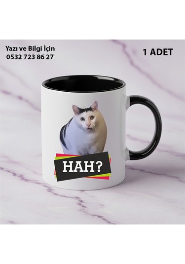 Beyaz Kedi Baskılı Kişiye Özel İsimli Hediyelik Kupa Bardak-kedi Sevenler İçin Özel Hediye Siyah