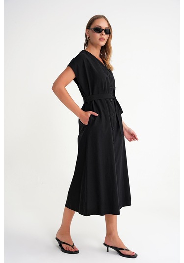 4721 Kadın V Yaka Düğme Detaylı Keten Elbise Siyah Siyah
