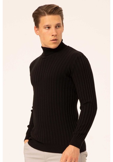 Ateş Triko Erkek Balıkçı Yaka Slim Fit Fitilli Triko Kazak 6091288 Siyah Siyah