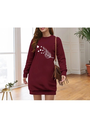 Kadın Uzun Kollu Bisiklet Yaka Desenli Viskon Iki Iplik Elbise Bordo