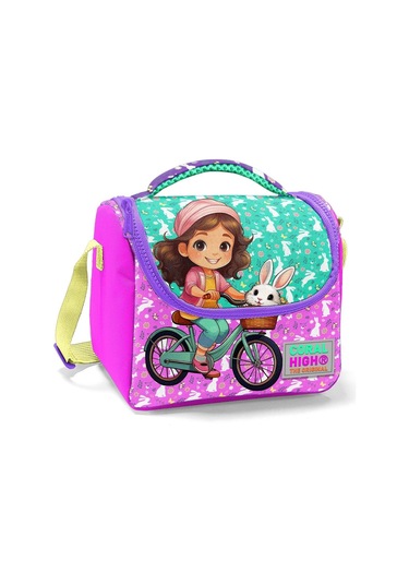 Coral High Kız Çocuk Beslenme Çantası - Thermo - Yeşil Pembe Bisikletli Kız Yeşil - Pembe