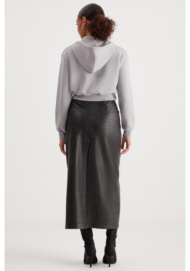 Delıa Kadın Crop 3 Iplik Şardonlu Örme Relaxed Fit Fermuarlı Kapüşonlu Gri Sweatshirt