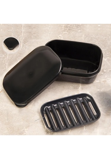 Fosenze Seyahat İçin Hermetik Kapatmalı Sabun Kutusu - Çift Katlı Plastik, Islak Olmamasını Engeller, Taşınabilir Dikdörtgen Banyo Aksesuarı Siyah