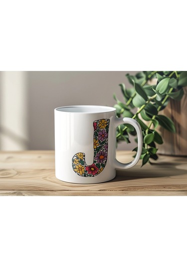 J Baş Harf Çiçek Desenleri İle Natural Tarz Kupa Bardak - Kişiye Özel Çiçekli Kahve Çay Bardak - Beyaz