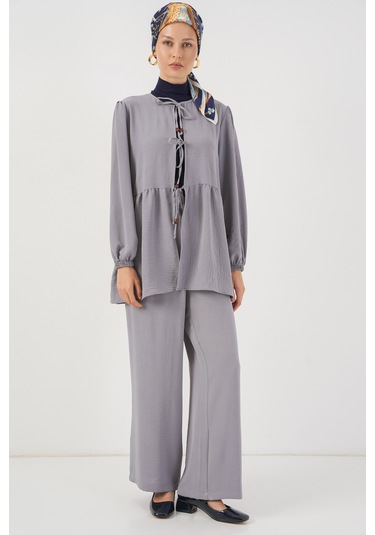 Kadın Önü Bağcıklı Tunik Pantolon İkili Takım 6744 - Gri Gri
