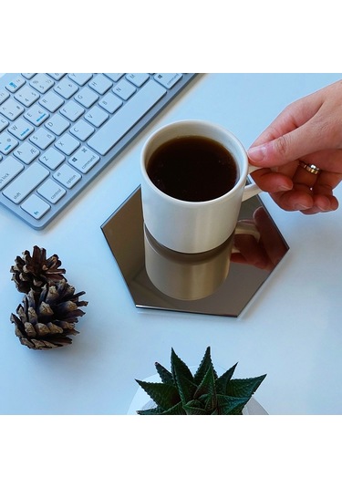 Decorita Ayna Bardak Altlığı 4'lü Takım Altıgen Bronz Ayna Bronz