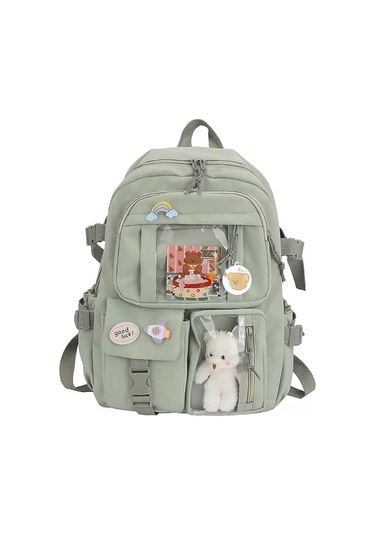 Geeksen Genç Kızlar İçin Şık Okul Çantası - Yeşil Renk, 40x30x11 Cm, Kawaii Tarzı Aksesuarlı Çok Renkli