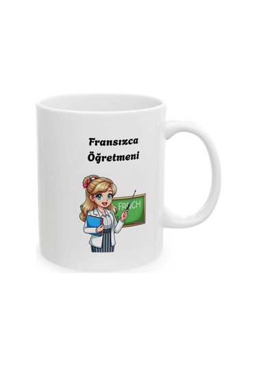Kadın Fransızca Öğretmeni Hediyelik Baskılı Porselen Beyaz Lüks Kupa Bardak Beyaz
