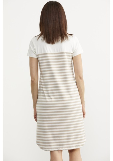 Düğme Detaylı Çizgili Penye Elbise - Vizon 001