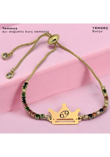 Temmuz Ayı Doğumlarına Taç Motifli 14 Ayar Altın Plakalı Renkli Taş Desenli Hediye Bileklik-489ay Temmuz