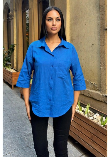 Saks Truvakar Kol, Oval Kesim, Terletmez, Flamlı Keten Salaş Gömlek Saks