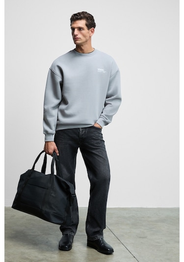 Ernest Erkek Organik Pamuklu Yumuşacık Baskı Detaylı Bisiklet Yaka İçi Polarlı Açık Gri Sweatshirt