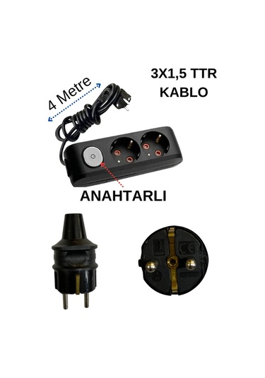 Avarson 2'li İkili Priz Topraklı Anahtarlı Kablolu Siyah 3x1,5 Ttr 4 Dört Metre
