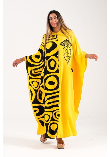 Kadın Sarı Sıfır Yaka Desen Garnili Nakışlı Cepli Oversize Uzun Elbise - Sarı