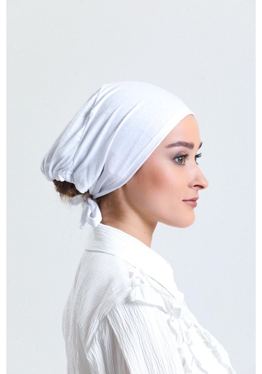 Beyaz Arkadan Bağlamalı Tesettür Bone Penye Kumaş Düz Bone 1011 42 Beyaz