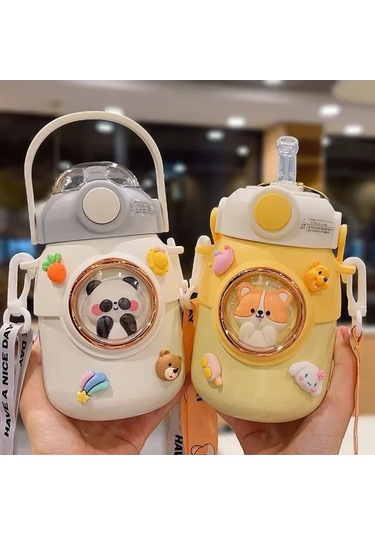 Elmpaly Çocuklar Termos Şişe Kawaii Saman 700 Ml Paslanmaz White And Stickers/ Çok Renkli