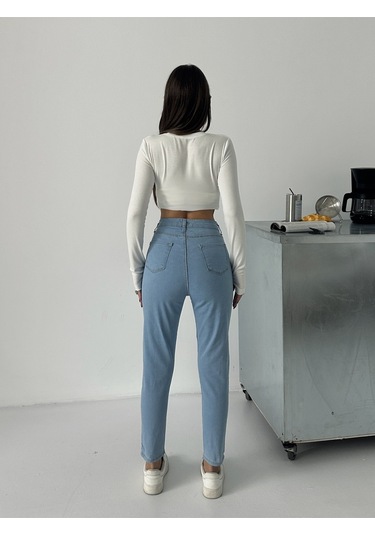 Kadın Dar Paça Çift İğne Kot Dar Paça Pantolon Buz Mavi