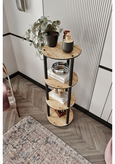 4 Katlı Dekoratif Yuvarlak Kitaplık Meşe Meşe