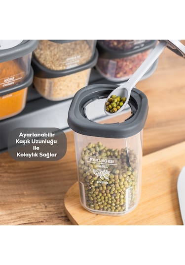 Porsima 1117 Standlı Kaşıklı 360° Döner Kapaklı Baharatlık Seti Antrasit - Gri