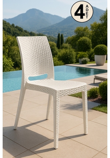 4 Adet Rattan Kolsuz Beyaz Sandalye Balkon Bahçe Teras Beyaz