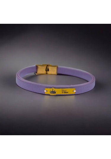 Archin Vildan İsmine Özel 14 Ayar Altın Plakalı Taç Motifli Hakiki Mor Derili Hediye Bileklik-571isim Vildan