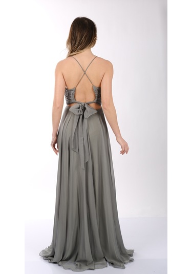 Dori İnce Askılı Önden Yırtmaçlı Drape Kiloş Abiye Elbise 00kb6128 Çağla