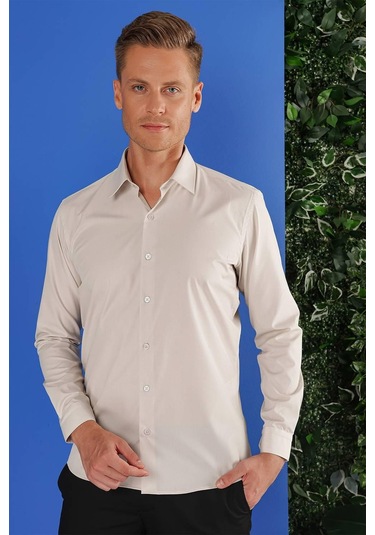 Gk 683 Slim Fit Kum Beji Klasik Gömlek Bej