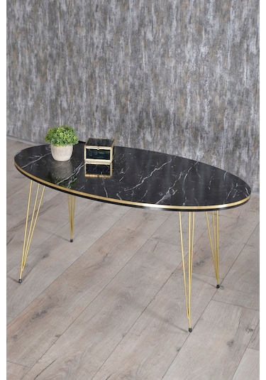 Orta Sehpa Elips Çift Gold Bendir Tel Siyah Mermer Desen