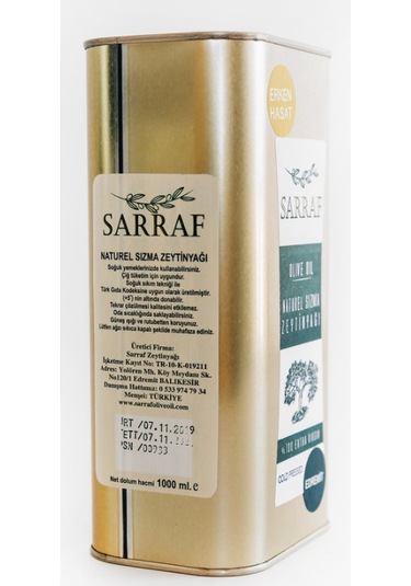 Sarraf Erken Hasat Soğuk Sıkım Naturel Sızma Zeytinyağı Teneke 1 L