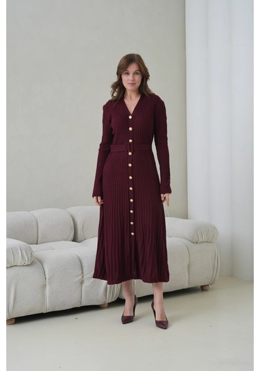 Kadın V Yaka Ful Düğme Kapama Kemer Detay Maksi Boy Fitilli Triko Elbise Mürdüm