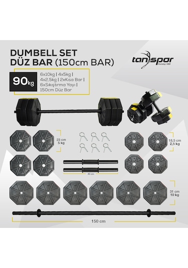 Tan Spor 90 KG Dambıl Halter Kısa Bar + Düz Bar Seti Sarı Kapaklı 150 CM