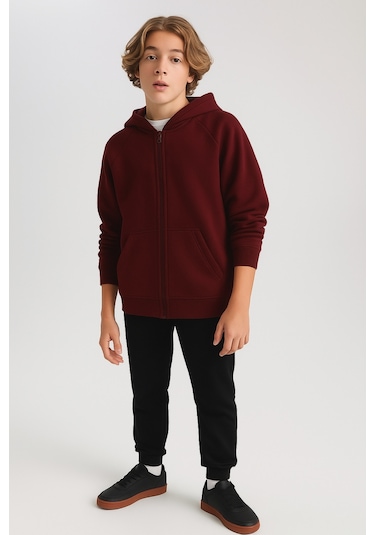 Kız - Erkek Çocuk Basic Fermuarlı Kalın 3 İplik Kışlık Okul Sweat Ak1815 Bordo