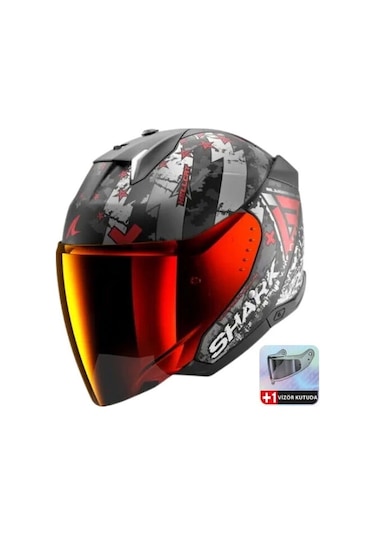 Şeffaf Vizör Gri + Shark Skwal İ3 Jet Hellcat Kırmızı Vizörlü Yarım Kask