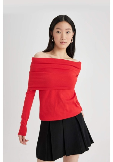 DeFacto Fitted Açık Omuz Triko Kırmızı Kazak D0049AX24SPRD227 Kırmızı