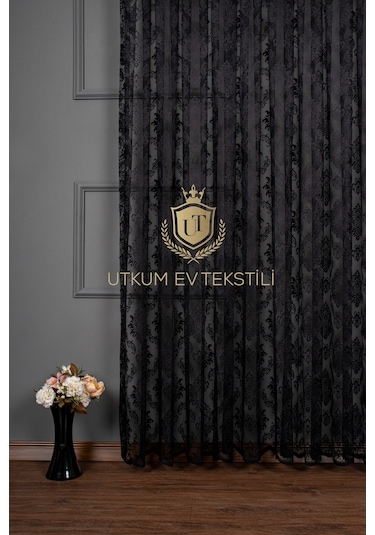 Damask Desen Siyah Örme Tül Perde 1012