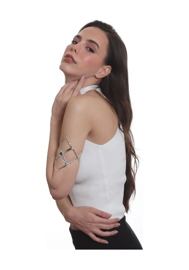 Labalaba Kadın Lak Gümüş Kaplama Siyah Doğaltaşlı Ayarlanabilir Pazu Bandı, Üst Kol Aksesuarı Gümüş