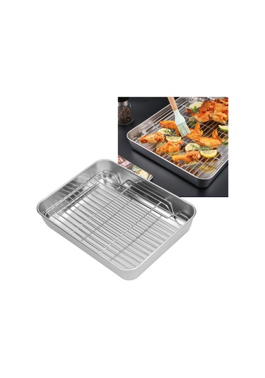 Geeroyoo Stainless Steel Fırın Tepsisi Ve Izgara Seti - Derin Kenarli, Yemekleri Tutar, Yağ/suyu Akıtır - 23.5x17.5x5 Cm Sağlıklı Materyal Diğer
