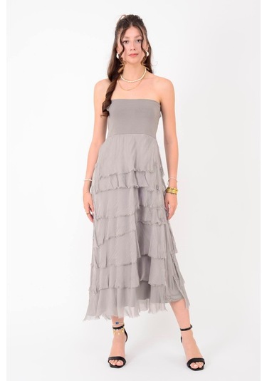 İtalyan 2 Beden Ince Gösteren Kat Kat Ipek Etek & Straplez Elbise Vizon