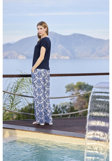 Monamise Kadın Etnik Desenli Kısa Kollu Bisiklet Yaka Büyük Beden Pijama Takımı 25111bat. Lacivert