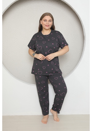 Fames Pijama Büyük Beden Pembe Kalp Desenli Pijama Takim Koyu Füme