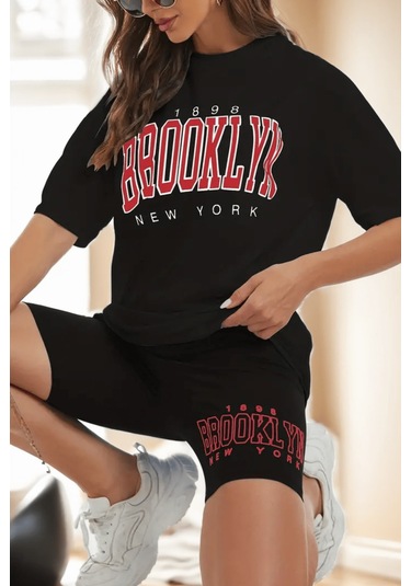 Modagen Kadın Siyah Brooklyn Baskılı T-shirt Tayt Takım Siyahh
