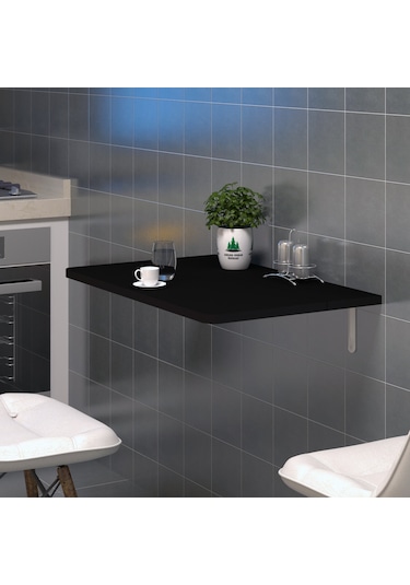 90X60cm Siyah MDF Oval Köşeli Katlanır Duvara Monte Raf Masa