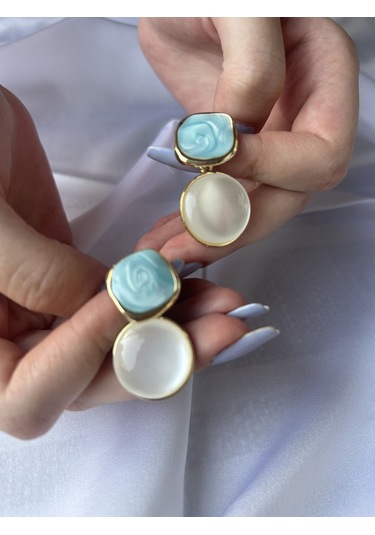 Turkuaz Mineli Çift Motif Küpe Altın