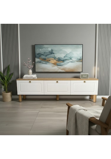Zenith Membran Mdf Kapaklı Modern Tv Ünitesi - Beyaz Beyaz