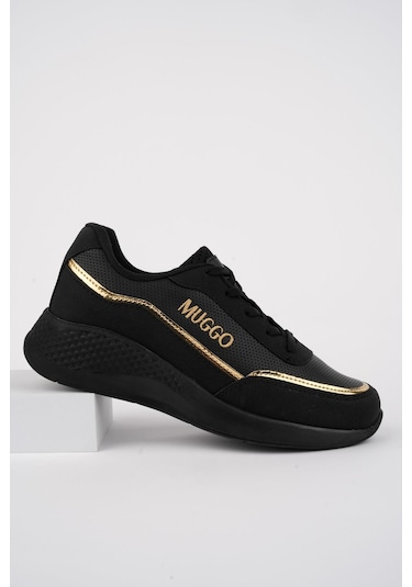 Muggo Coco Garantili Kadın Ortopedik Günlük Bağcıklı Şık Rahat Sneaker Spor Ayakkabı Siyah - Altın