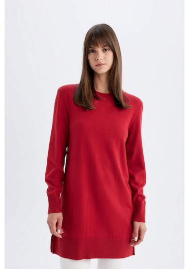 DeFacto Regular Fit Bisiklet Yaka Yırtmaçlı Basic Düz Triko Kazak Tunik H3431AZ24AURD332