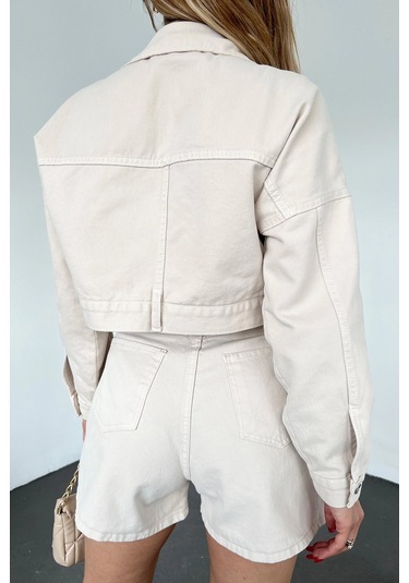 Bej Çift Cepli Fermuarlı Yıkamalı Crop Denim Ceket Bcdf-235410 Çok Renkli