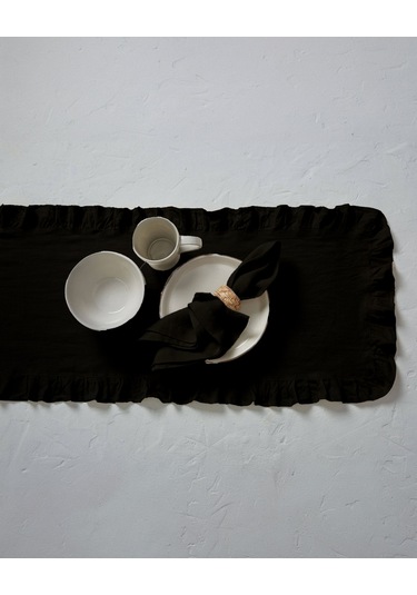 Wellstil Rufle Fırfırlı Keten Runner - Siyah Siyah